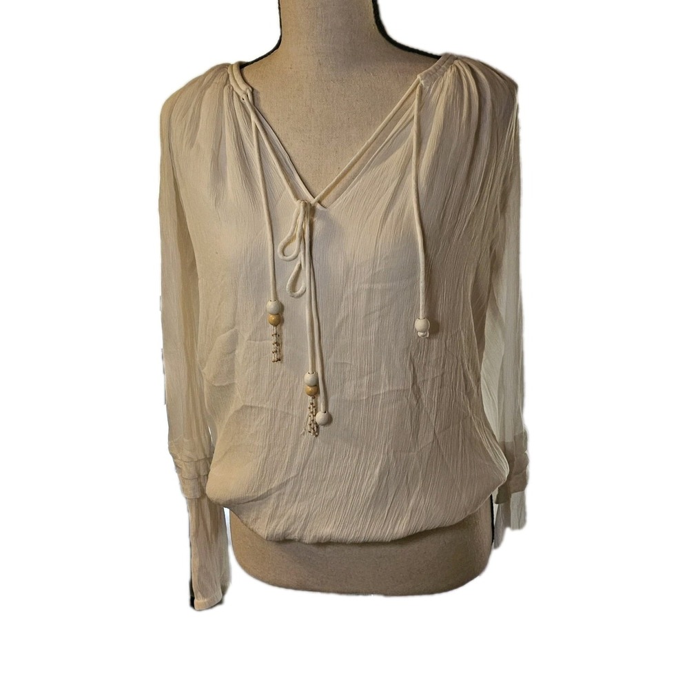 Ramy Brook Ivory Gauze Peasant Boho Blouse Tassel V-Neck Top Womens Small
